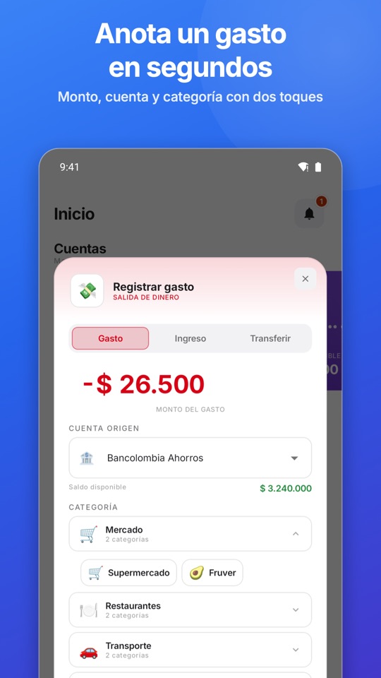 Anota un gasto en segundos: monto, cuenta y categoría con dos toques